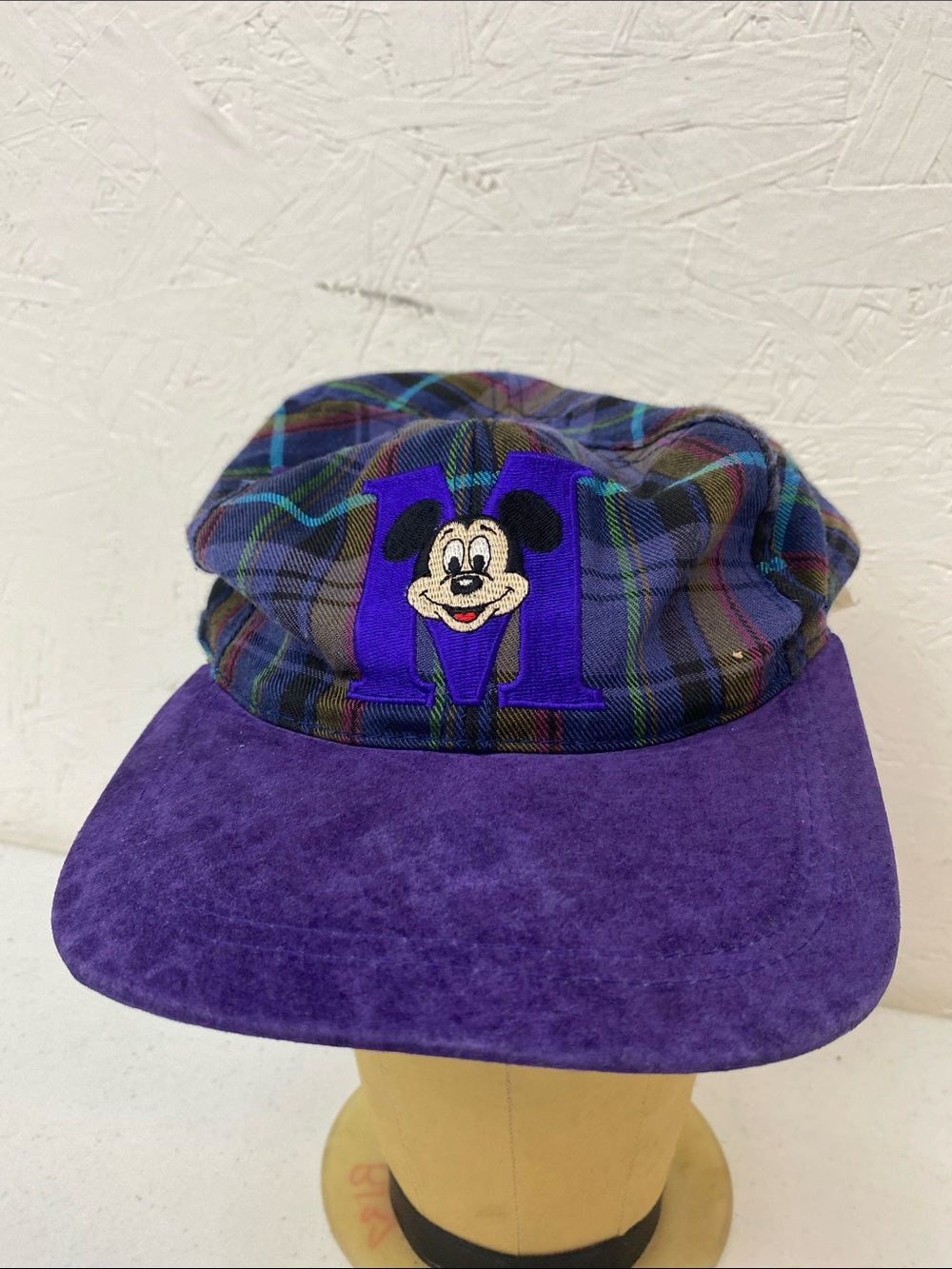 Plaid Cap with Purple Brim and Cartoon Patch Mickey vintage Walt Disney hat